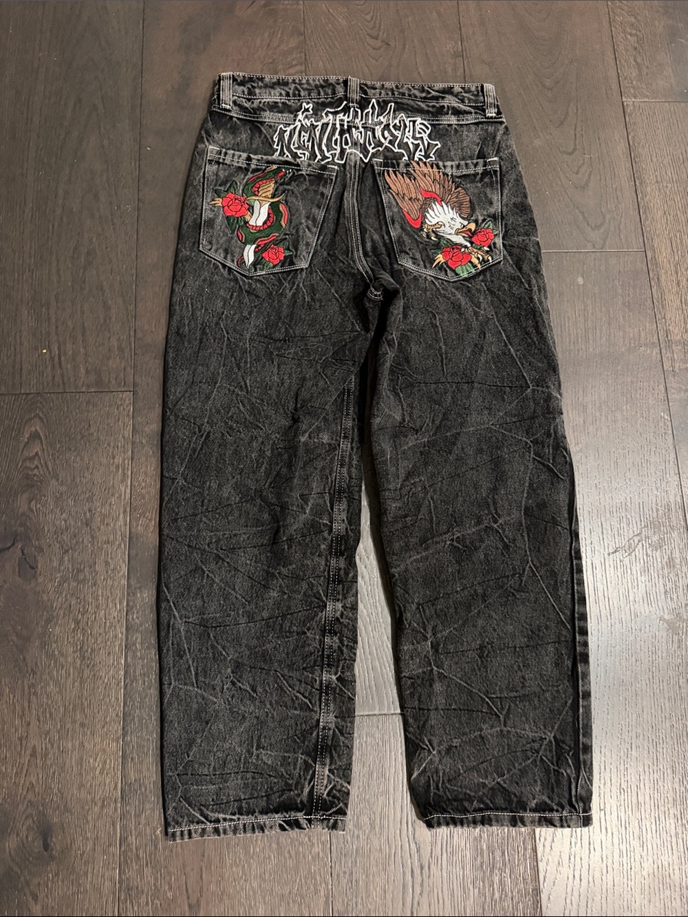 Ninth Hall Ambush Jeans Mens 30 Black Embroidered Snake Eagle Wide Leg Tattoo